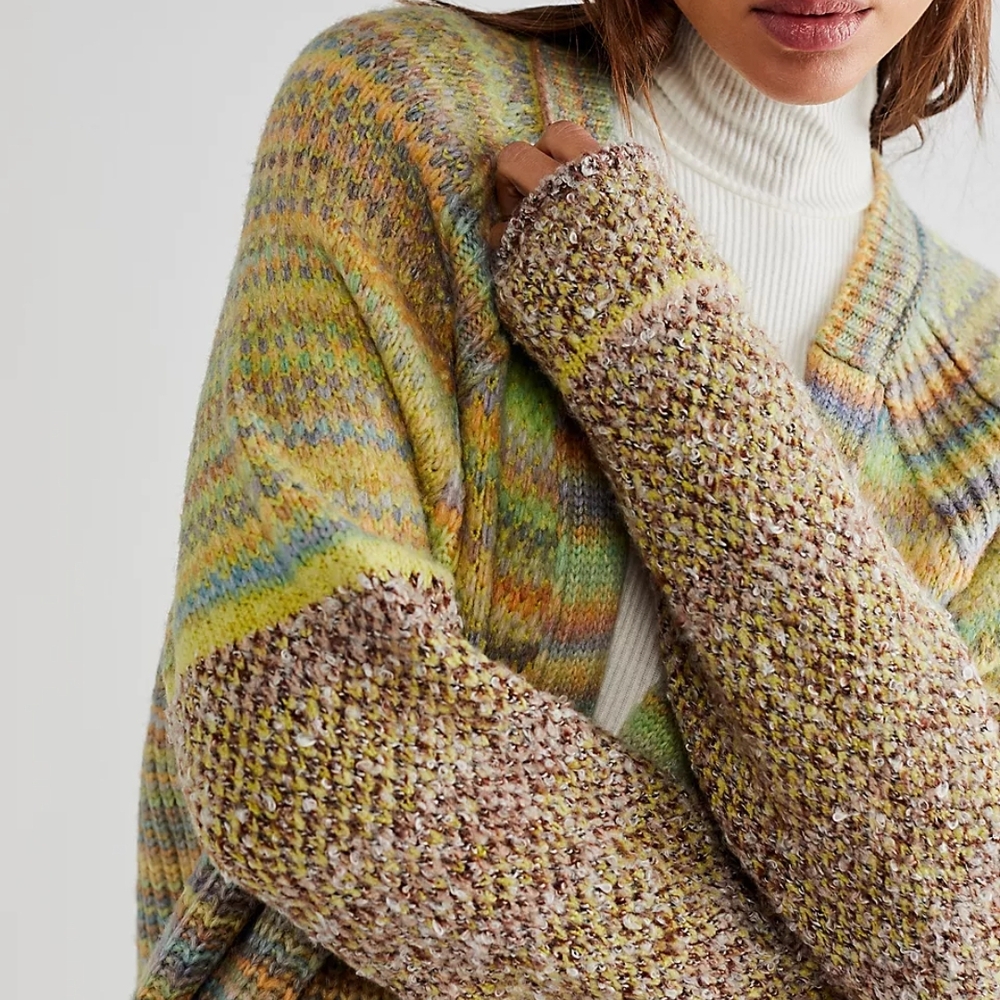 Free People Chocolate Lime Combo Sedona Cardi Sweater Size Med NWT - Picture 11 of 14